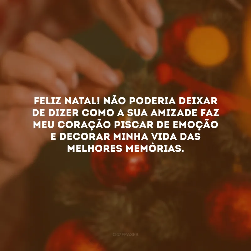 Feliz Natal! Não poderia deixar de dizer como a sua amizade faz meu coração piscar de emoção e decorar minha vida das melhores memórias. Que seu sorriso seja uma constante e mostre a todos o caminho da felicidade.