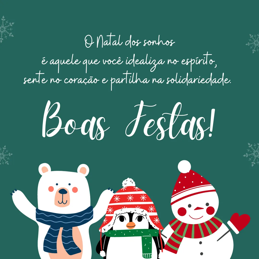 O Natal dos sonhos é aquele que você idealiza no espírito, sente no coração e partilha na solidariedade. Boas Festas!