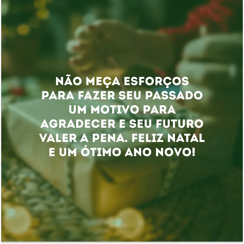 Não meça esforços para fazer seu passado um motivo para agradecer e seu futuro valer a pena. Feliz Natal e um ótimo Ano Novo! 