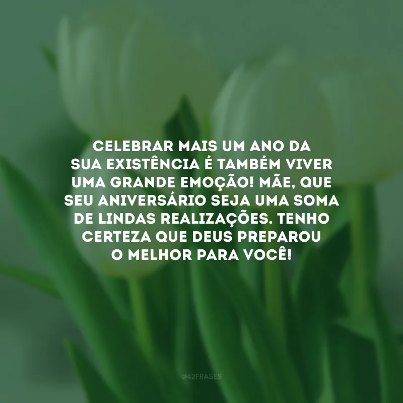 Celebrar mais um ano da sua existência é também viver uma grande emoção! Mãe, que seu aniversário seja uma soma de lindas realizações. Tenho certeza que Deus preparou o melhor para você!