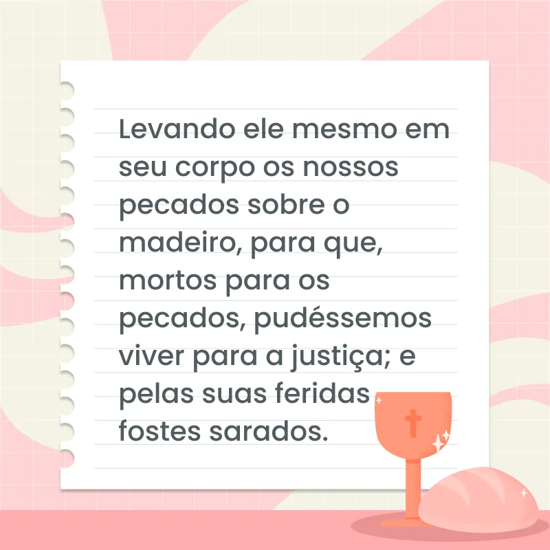 Levando ele mesmo em seu corpo os nossos pecados sobre o madeiro, para que, mortos para os pecados, pudéssemos viver para a justiça; e pelas suas feridas fostes sarados. 