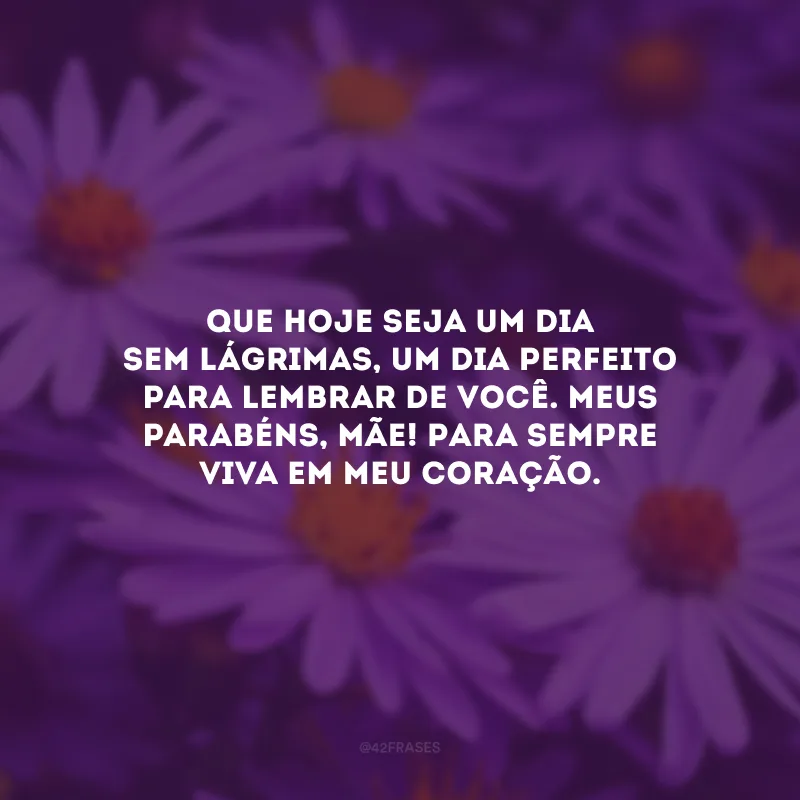 Que hoje seja um dia sem lágrimas, um dia perfeito para lembrar de você. Meus parabéns, mãe! Para sempre viva em meu coração.