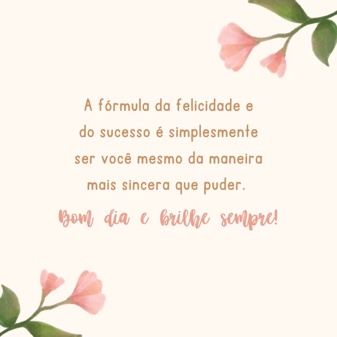 A fórmula da felicidade e do sucesso é simplesmente ser você mesmo da maneira mais sincera que puder. Bom dia e brilhe sempre!