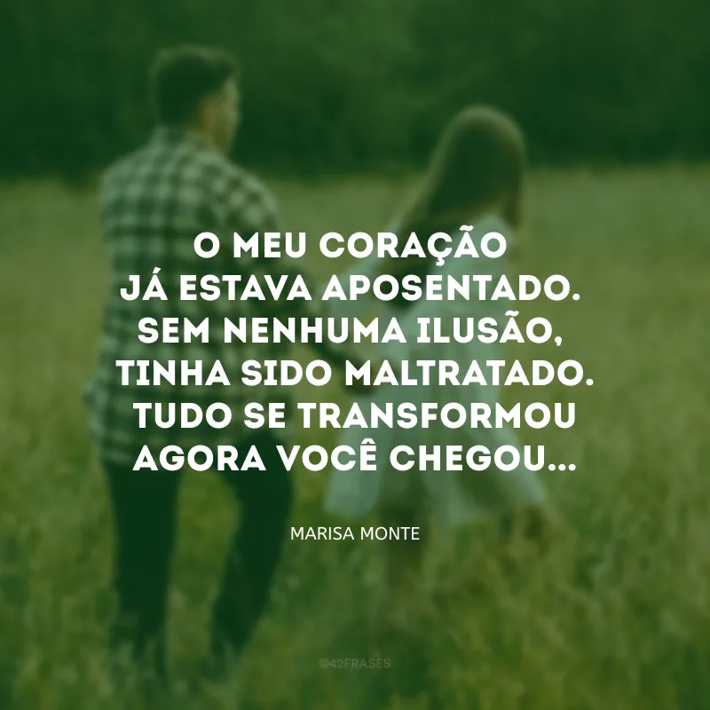 O meu coração já estava aposentado. Sem nenhuma ilusão, tinha sido maltratado. Tudo se transformou agora você chegou...