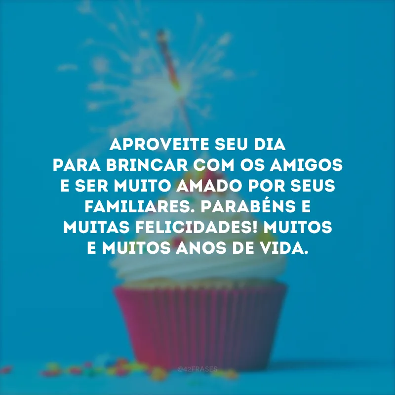 Aproveite seu dia para brincar com os amigos e ser muito amado por seus familiares. Parabéns e muitas felicidades! Muitos e muitos anos de vida.
