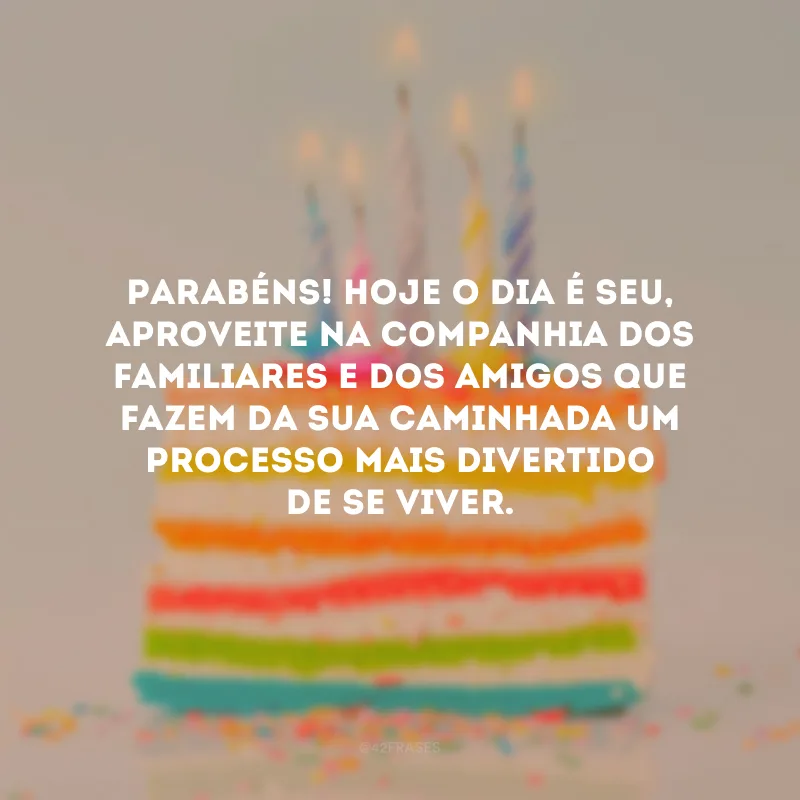 Parabéns! Hoje o dia é seu, aproveite na companhia dos familiares e dos amigos que fazem da sua caminhada um processo mais divertido de se viver.