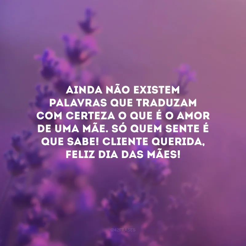 Ainda não existem palavras que traduzam com certeza o que é o amor de uma mãe. Só quem sente é que sabe! Cliente querida, Feliz Dia das Mães!