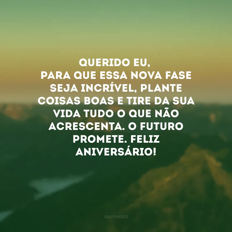Querido eu, para que essa nova fase seja incrível, plante coisas boas e tire da sua vida tudo o que não acrescenta. O futuro promete. Feliz aniversário! 