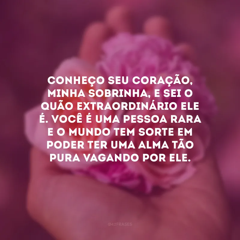 Conheço seu coração, minha sobrinha, e sei o quão extraordinário ele é. Você é uma pessoa rara e o mundo tem sorte em poder ter uma alma tão pura vagando por ele. 