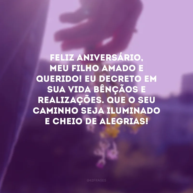 Feliz aniversário, meu filho amado e querido! Eu decreto em sua vida bênçãos e realizações. Que o seu caminho seja iluminado e cheio de alegrias!