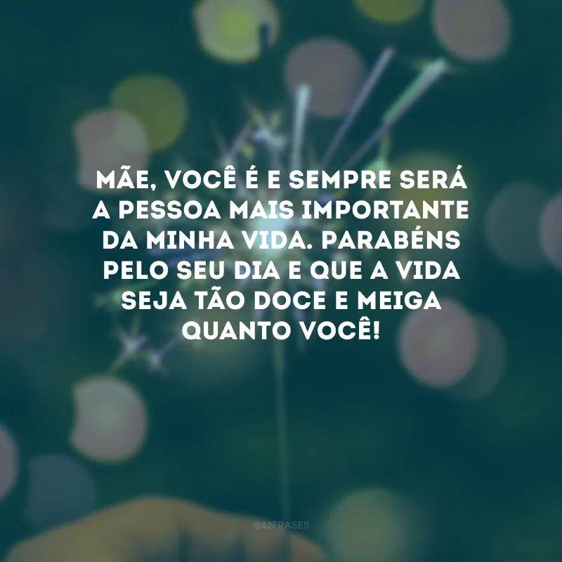 Mãe, você é e sempre será a pessoa mais importante da minha vida. Parabéns pelo seu dia e que a vida seja tão doce e meiga quanto você! 