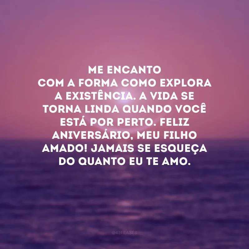 Me encanto com a forma como explora a existência. A vida se torna linda quando você está por perto. Feliz aniversário, meu filho amado! Jamais se esqueça do quanto eu te amo. 