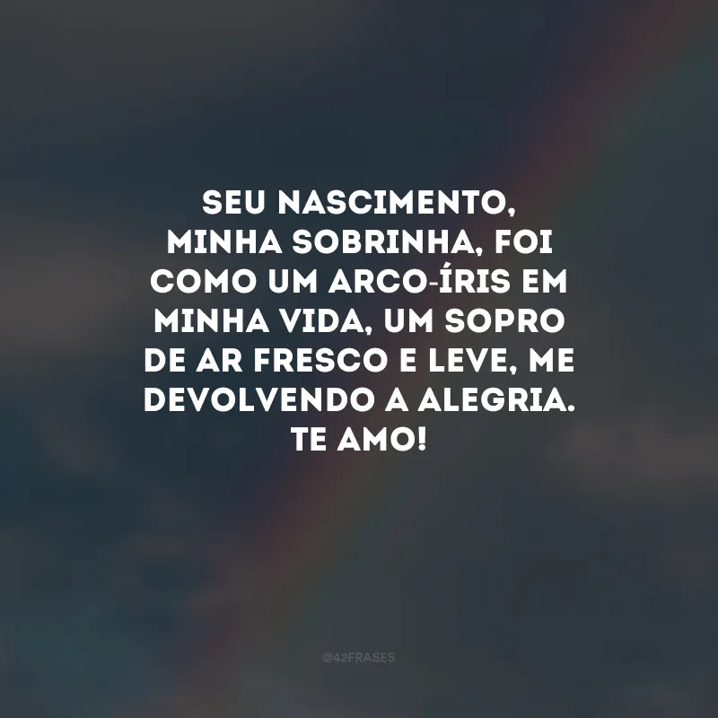 Seu nascimento, minha sobrinha, foi como um arco-íris em minha vida, um sopro de ar fresco e leve, me devolvendo a alegria. Te amo! 