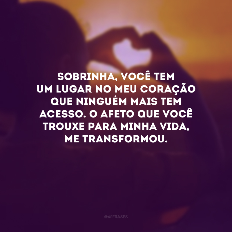 Sobrinha, você tem um lugar no meu coração que ninguém mais tem acesso. O afeto que você trouxe para minha vida, me transformou. 