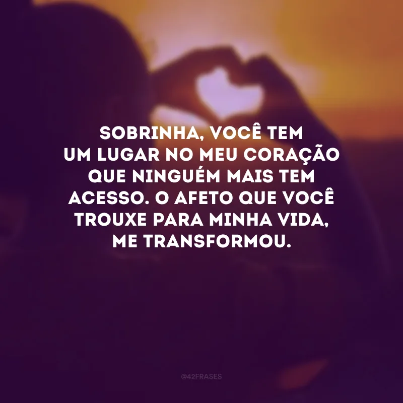 Sobrinha, você tem um lugar no meu coração que ninguém mais tem acesso. O afeto que você trouxe para minha vida, me transformou. 