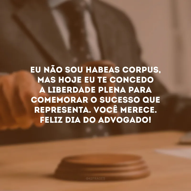Eu não sou habeas corpus, mas hoje te concedo liberdade plena para comemorar muito. Você merece. Feliz Dia do Advogado!