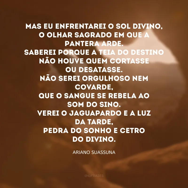 Mas eu enfrentarei o Sol divino,
o Olhar sagrado em que a Pantera arde.
Saberei porque a teia do Destino
não houve quem cortasse ou desatasse.
Não serei orgulhoso nem covarde,
que o sangue se rebela ao som do Sino.
Verei o Jaguapardo e a luz da Tarde,
Pedra do Sonho e cetro do Divino. 
