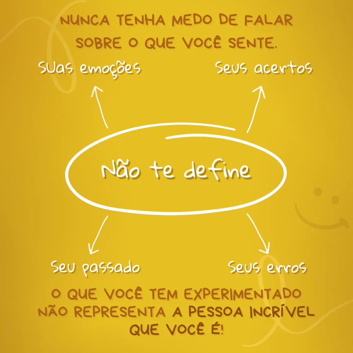 Suas emoções, seus acertos, seu passado, seus erros não te definem. Nunca tenha medo de falar sobre o que você sente. O que você tem experimentado não representa a pessoa incrível que você é!