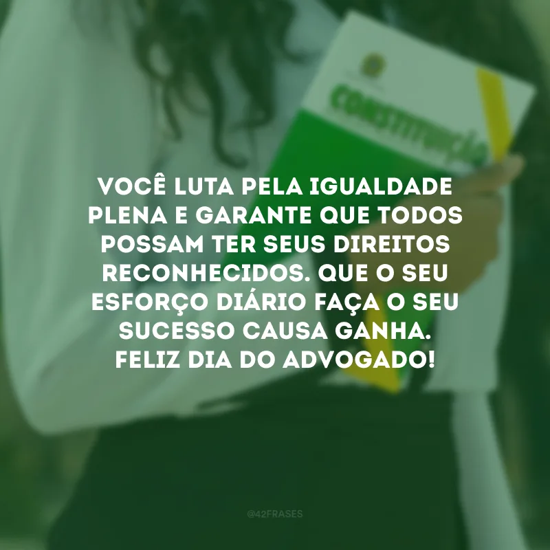Você luta pela igualdade plena e garante que todos possam ter seus direitos reconhecidos. Que o seu esforço diário faça o seu sucesso causa ganha. Feliz Dia do Advogado!