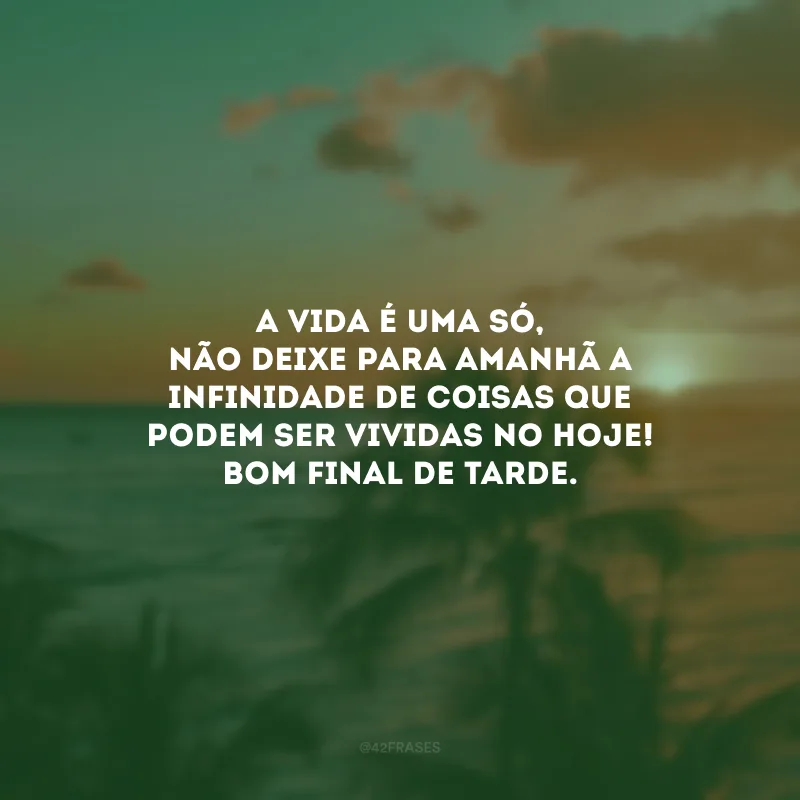 A vida é uma só, não deixe para amanhã a infinidade de coisas que podem ser vividas no hoje! Bom final de tarde.