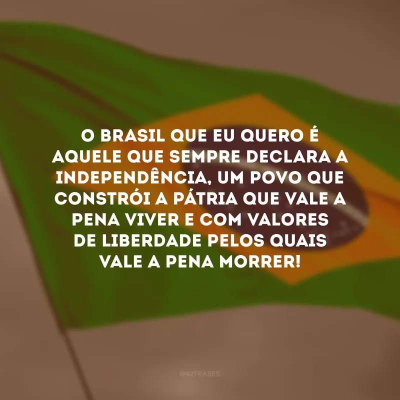 O Brasil que eu quero é aquele que sempre declara a Independência, um povo que constrói a pátria que vale a pena viver e com valores de liberdade pelos quais vale a pena morrer! 