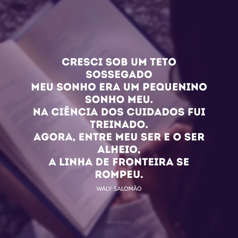 Cresci sob um teto sossegado meu sonho era um pequenino sonho meu. Na ciência dos cuidados fui treinado. Agora, entre meu ser e o ser alheio, A linha de fronteira se rompeu.  