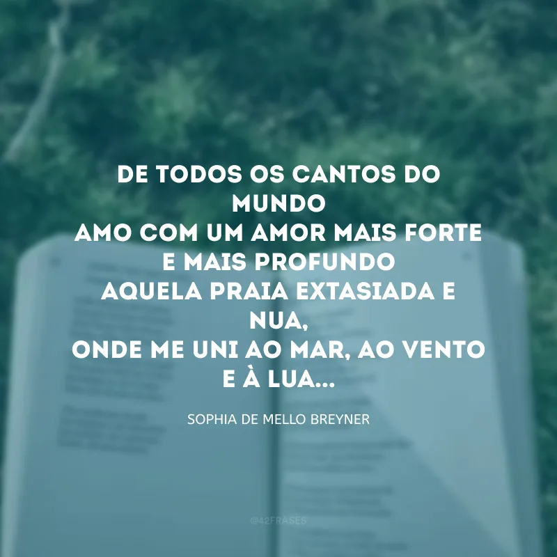De todos os cantos do mundoAmo com um amor mais forte e mais profundoAquela praia extasiada e nua,Onde me uni ao mar, ao vento e à lua.Cheiro a terra as árvores e o ventoQue a primavera enche de perfumesMas neles só quero e só procuroA selvagem exalação das ondasSubindo para os astros como um grito puro. 