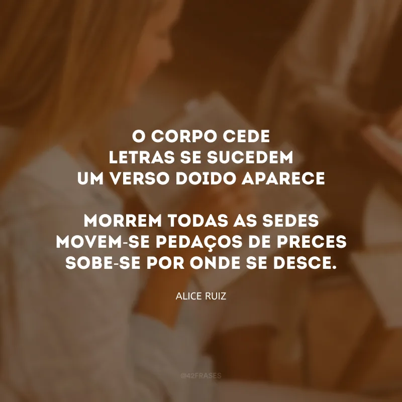O corpo cede letras se sucedem um verso doido aparece Morrem todas as sedes movem-se pedaços de preces sobe-se por onde se desce.  