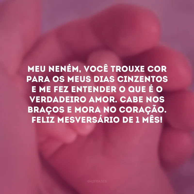 Meu neném, você trouxe cor para os meus dias cinzentos e me fez entender o que é o verdadeiro amor. Cabe nos braços e mora no coração. Feliz mesversário de 1 mês! 