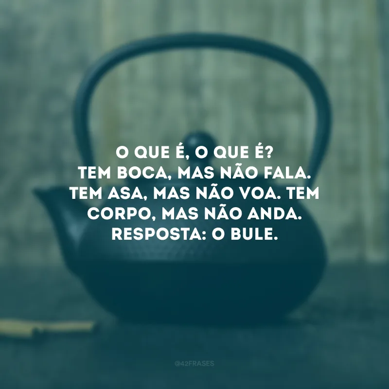 O que é, o que é? Tem boca, mas não fala. Tem asa, mas não voa. Tem corpo, mas não anda. Resposta: O bule.