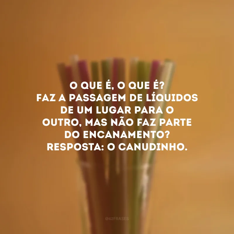 O que é, o que é? Faz a passagem de líquidos de um lugar para o outro, mas não faz parte do encanamento? Resposta: O canudinho. 