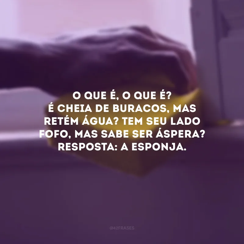O que é, o que é? É cheia de buracos, mas retém água? Tem seu lado fofo, mas sabe ser áspera? Resposta: A esponja.
