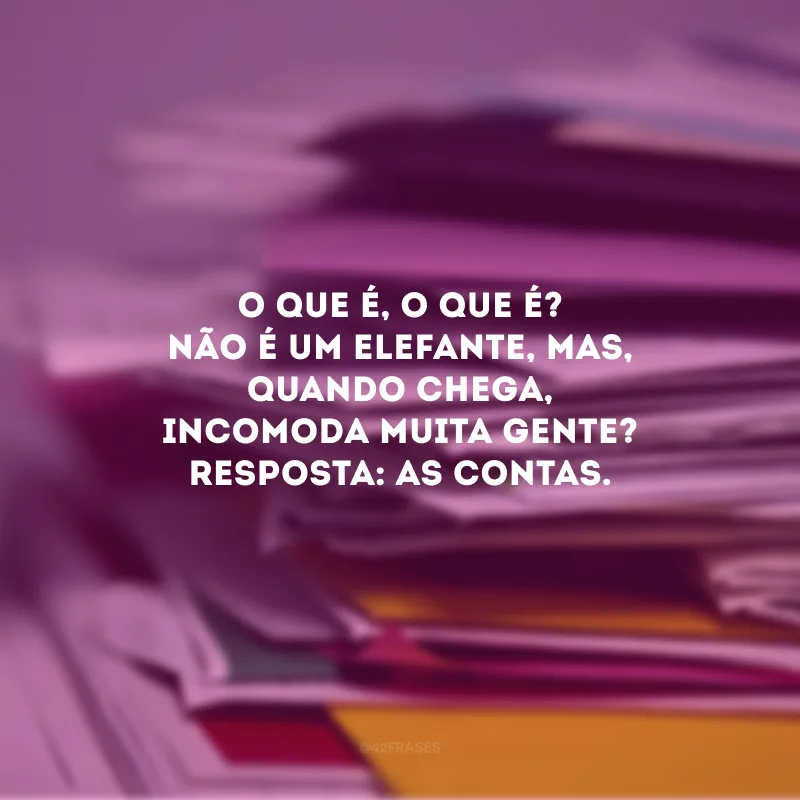 O que é, o que é? Não é um elefante, mas, quando chega, incomoda muita gente? Resposta: As contas. 